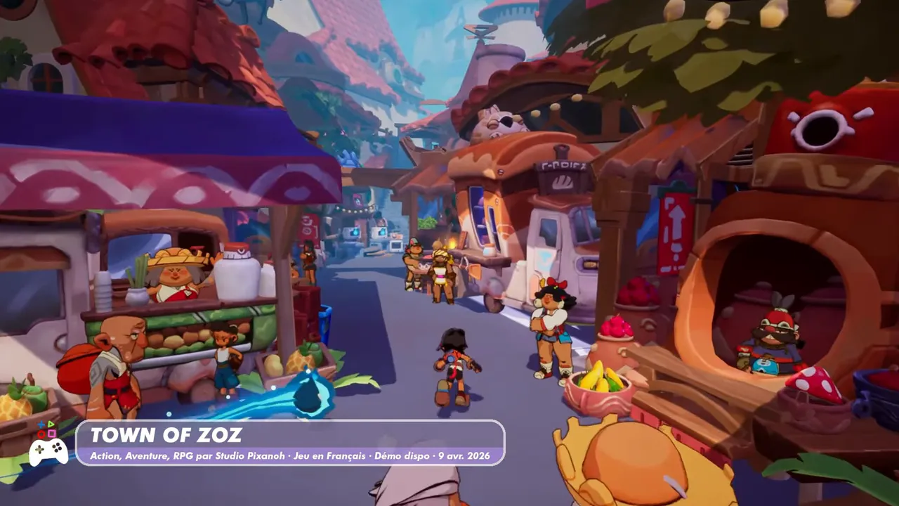 Gameplay Town of Zoz dans une ruelle de village colorée avec personnages