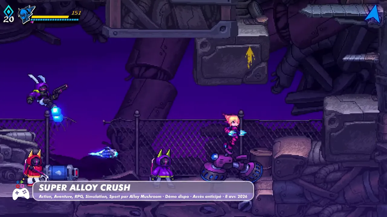 Gameplay néo-rétro de Super Alloy Crush dans un couloir industriel sombre avec personnages et tirs