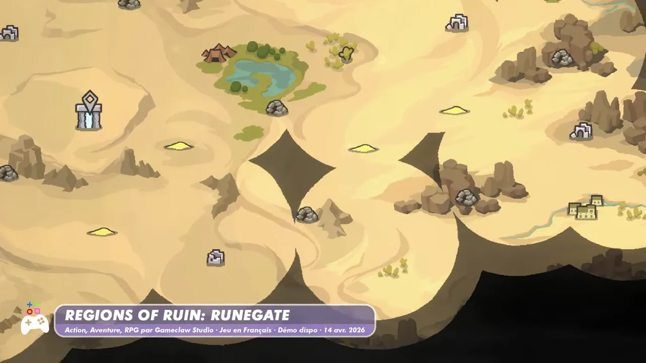 Regions of Ruin: Runegate — aperçu du gameplay en vue isométrique avec HUD et carte désertique