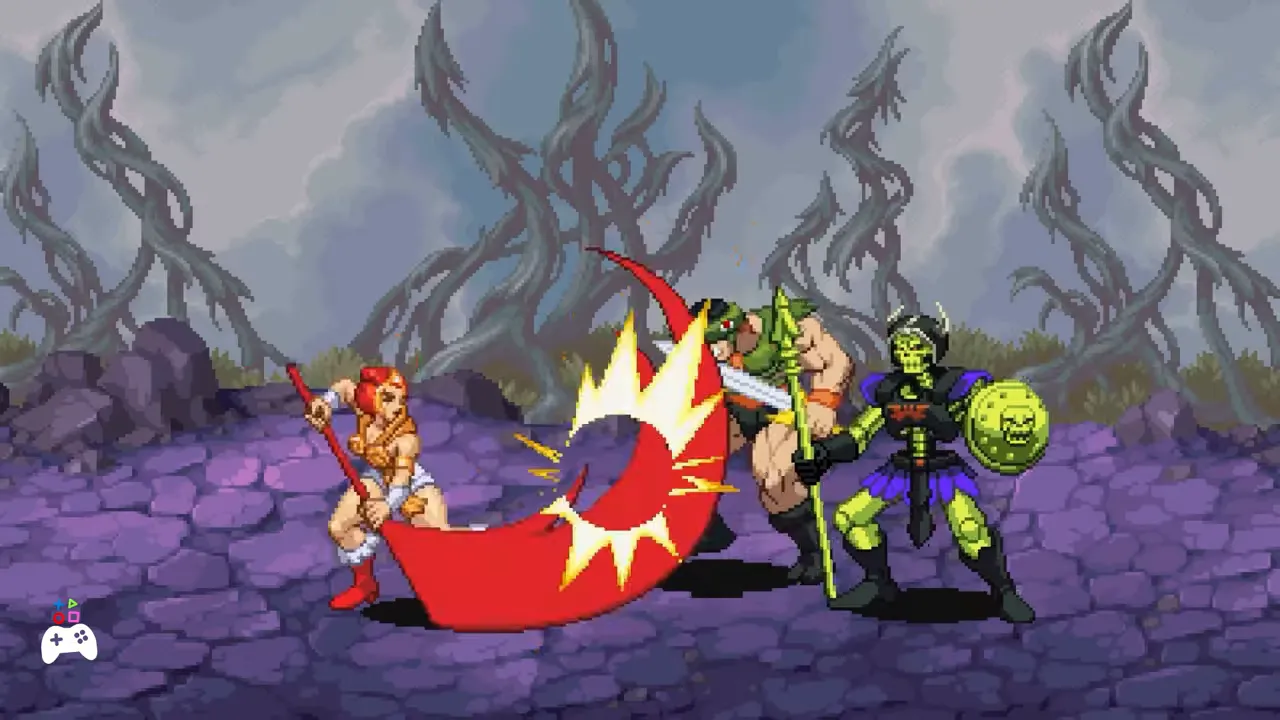 Capture néo-rétro de He-Man dans un combat 2D avec boucliers et effets d’attaque