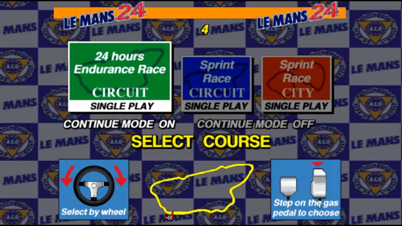 Menu de sélection de course Le Mans 24 avec mode 24 heures et circuit Le Mans