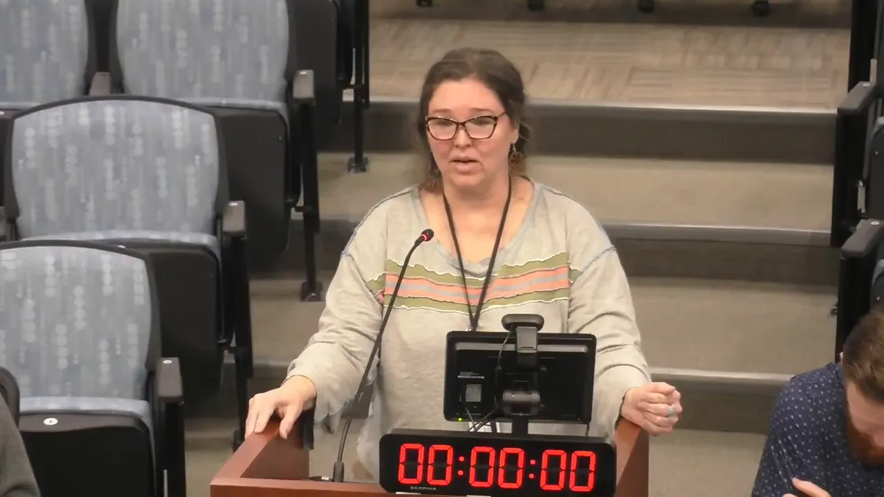 Clear, centered view of person speaking at a meeting podium with microphone and digital timer.