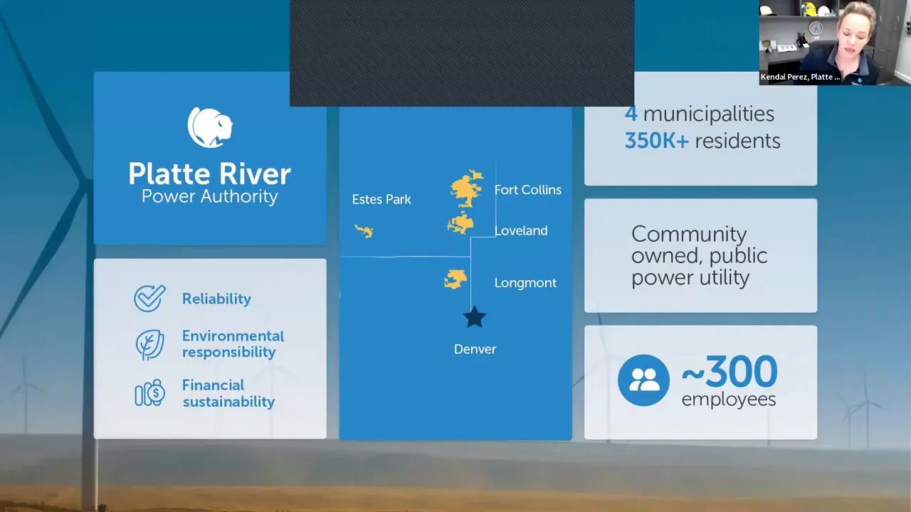 Platte River Power Authority slide with service-area map and bullets for reliability, environmental responsibility, and financial sustainability.