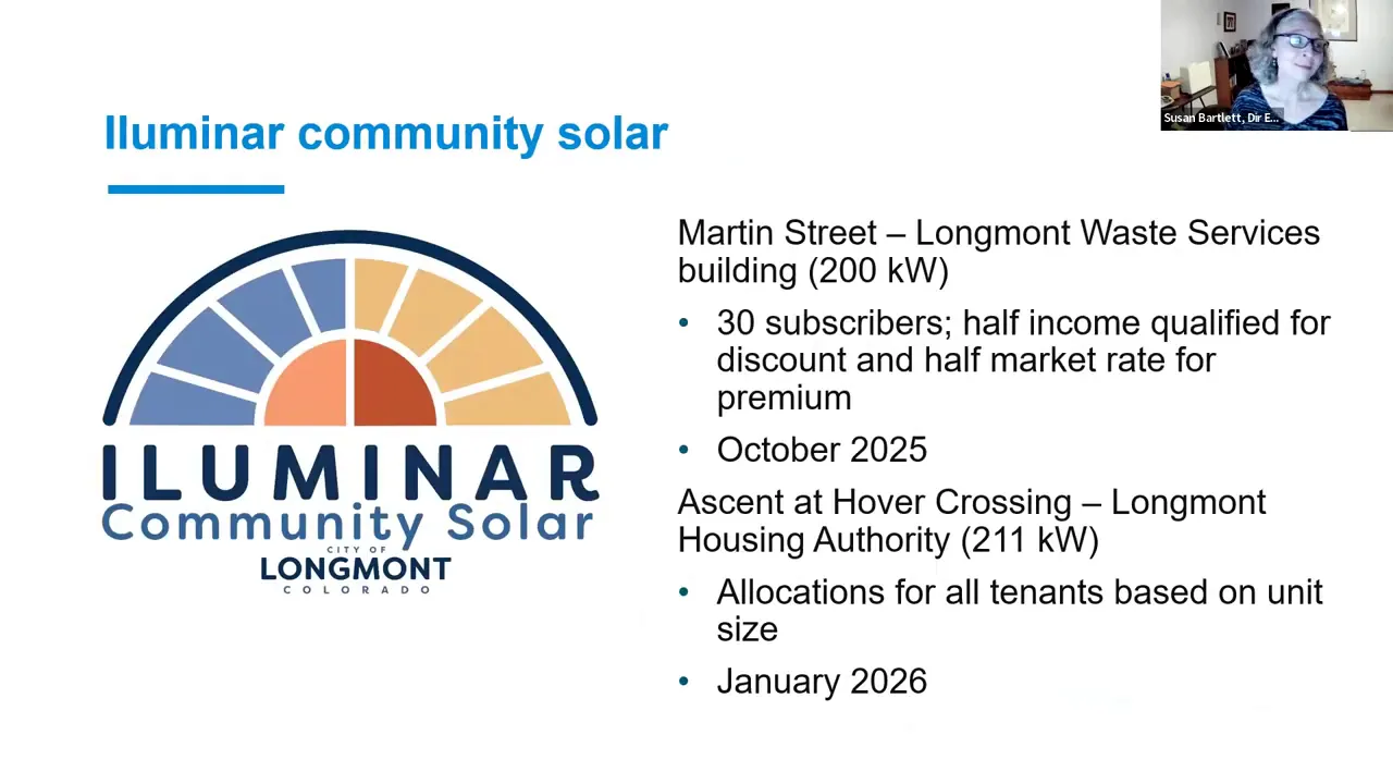 Presentation slide titled 'Illuminar community solar' showing the program logo and bullet points describing Martin Street (200 kW) and Ascent at Hoover Crossing (211 kW) with a small presenter thumbnail.