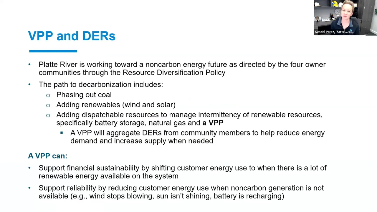 Slide titled 'VPP and DERs' with readable bullet points explaining phasing out coal, adding renewables, dispatchable resources and how a VPP aggregates DERs to support reliability and financial sustainability.