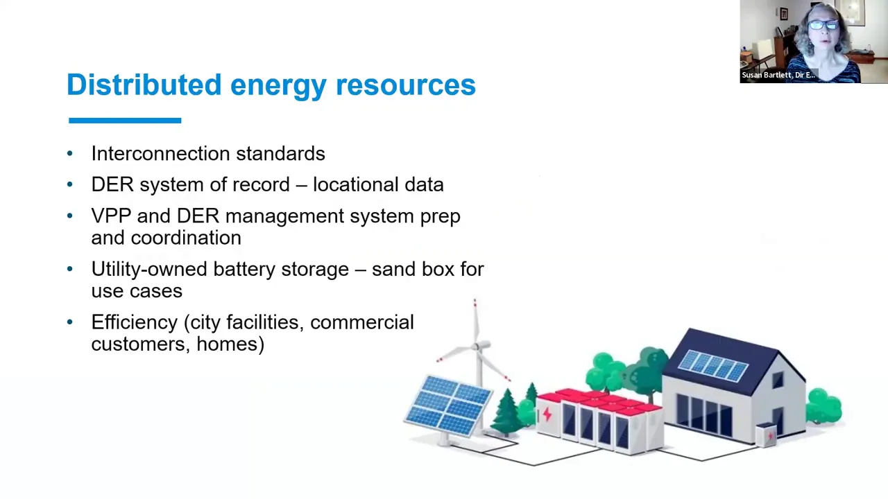 Slide titled 'Distributed energy resources' showing bullet points for interconnection standards, DER system of record, VPP and DER management, utility-owned battery storage and efficiency with a presenter thumbnail visible.