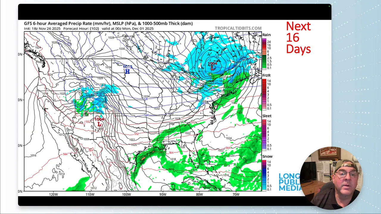 Longmont Weather Report — November 27, 2025 to December 4, 2025 3 GFS forecast map showing blue snow over the Montana/Wyoming/Colorado Rockies and green rain through the central Plains, with pressure contours and small presenter inset.
