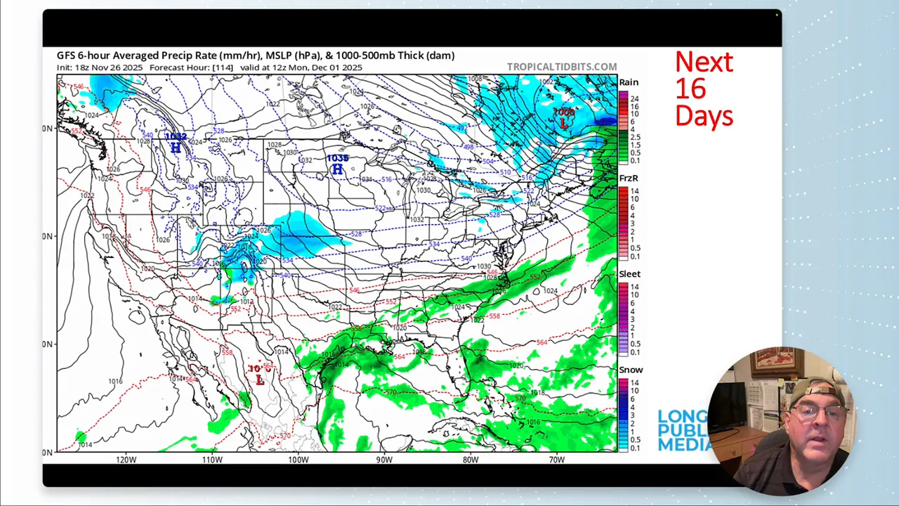 Longmont Weather Report — November 27, 2025 to December 4, 2025 2 GFS forecast map with a distinct blue snow area over the Colorado/Utah region and green rain through the central Plains; pressure contours and 'Next 16 Days' label on the right, presenter inset in corner.