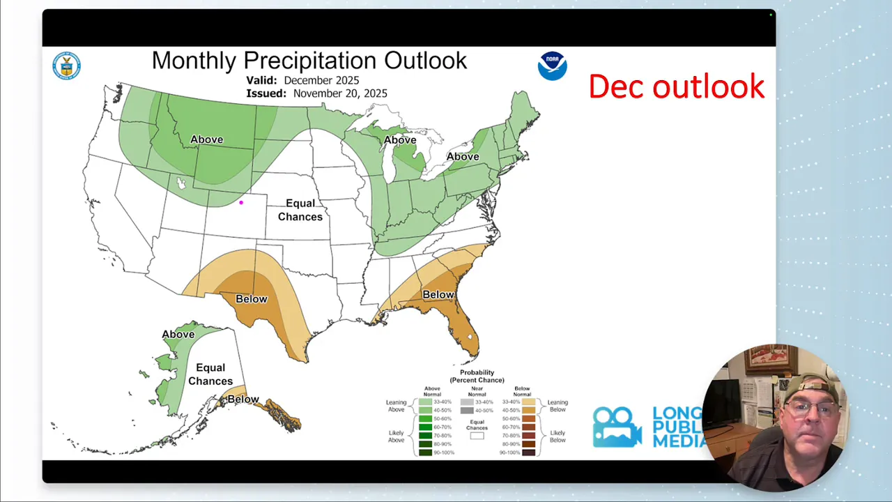 Longmont Weather Report — November 27, 2025 to December 4, 2025 8 Clear NOAA monthly precipitation outlook map (Dec 2025) showing green areas for above‑normal precipitation and orange for below‑normal, with a small presenter video inset.