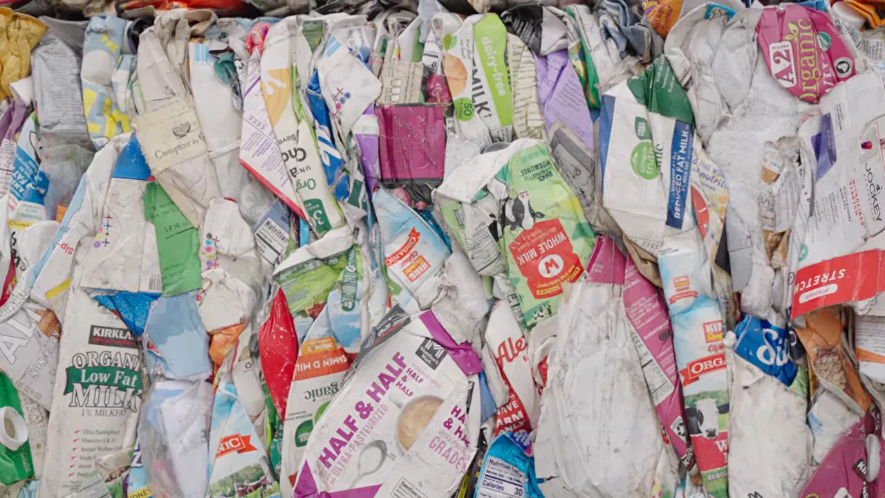Where Does My Recycling Go? A Longmont Guide to Recycling Right 11 Close-up of tightly compacted bales of paper cartons and milk cartons ready for shipment to buyers.