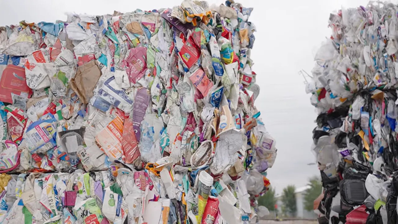 Where Does My Recycling Go? A Longmont Guide to Recycling Right 6 Tightly compacted bales of mixed paper cartons and containers stacked outdoors, showing colorful packaging and compressed material.