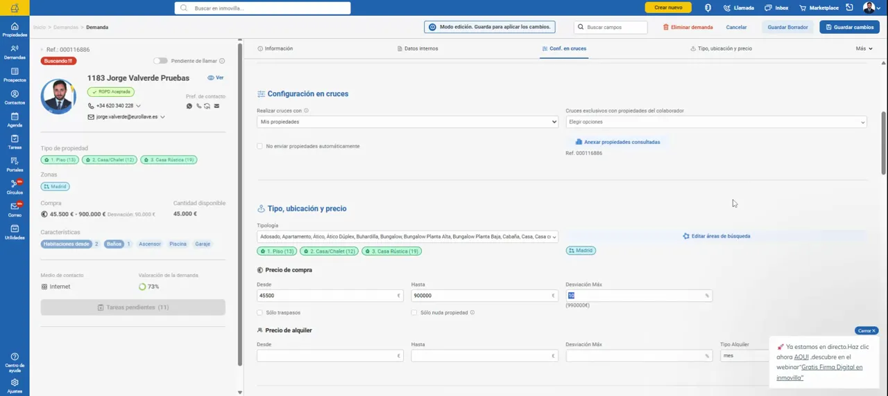 Configuración en cruces y tipo ubicación y precio con desviación máxima visible