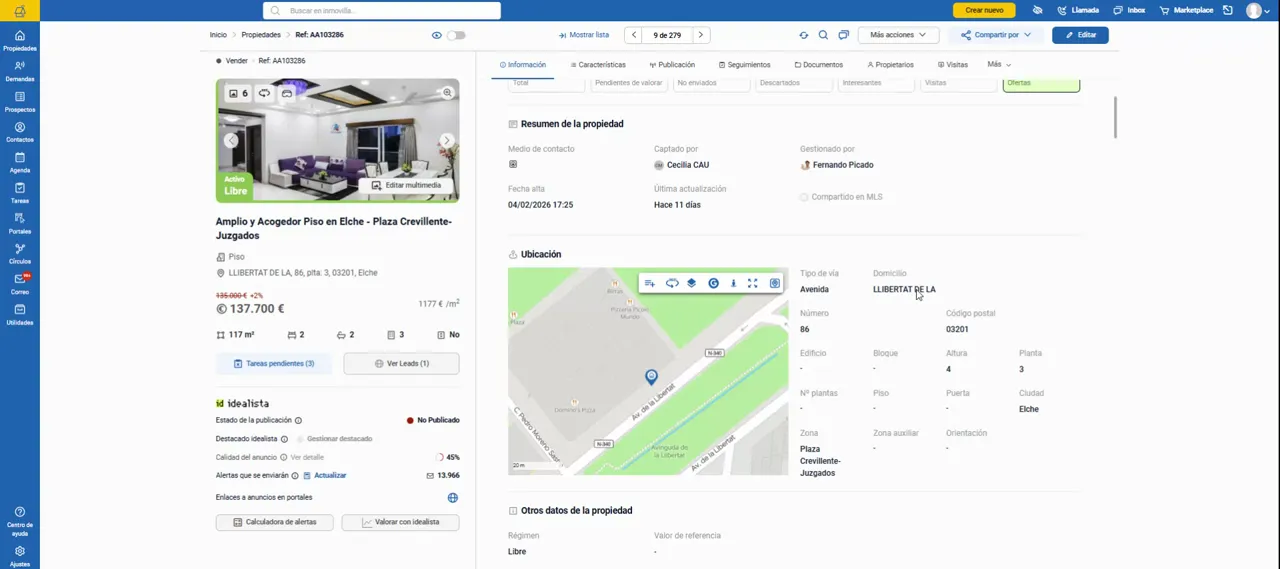 Ficha de propiedad con el apartado de ubicación y un mapa con chincheta