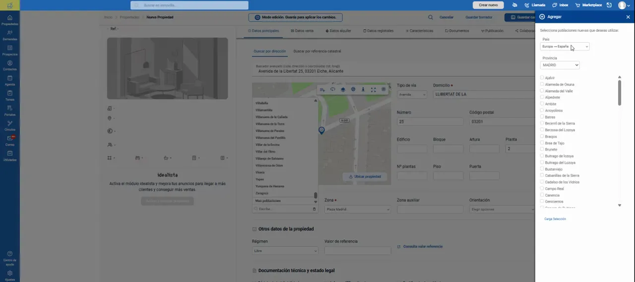 Panel lateral de más poblaciones con listado de países y ubicaciones