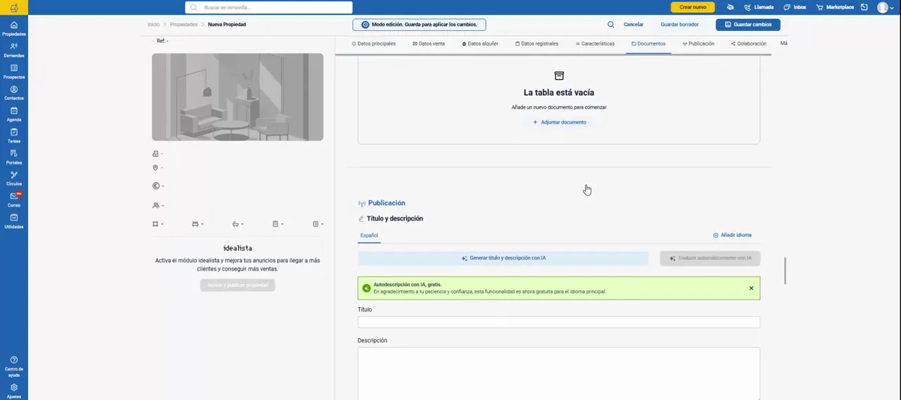Pantalla del apartado de publicación con opciones de visibilidad de dirección