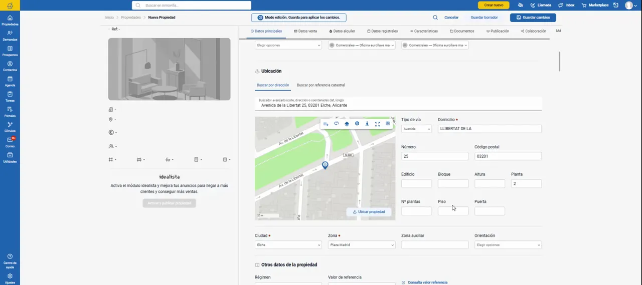 Ficha de propiedad editando la ubicación con mapa visible y campos rellenados