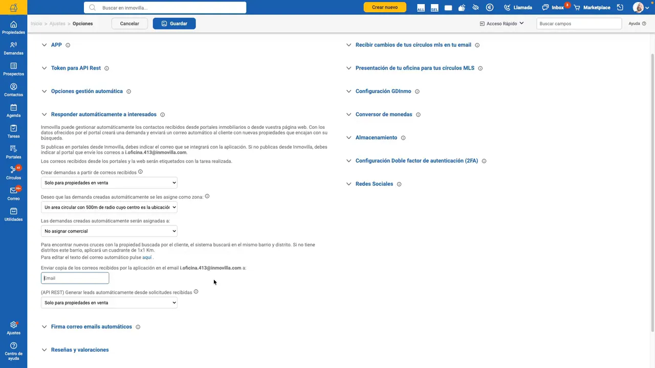 Campo para indicar el correo interno de oficina donde recibir los leads