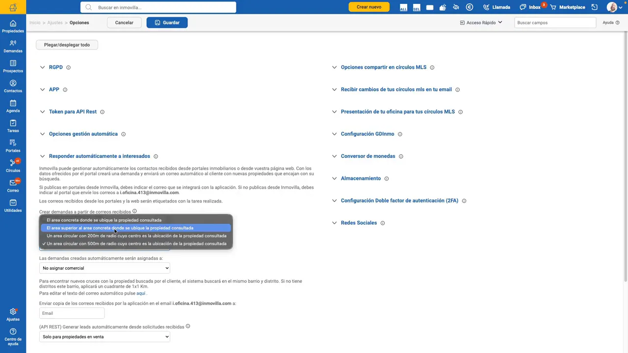 Opciones de zona: área circular, área concreta o área superior