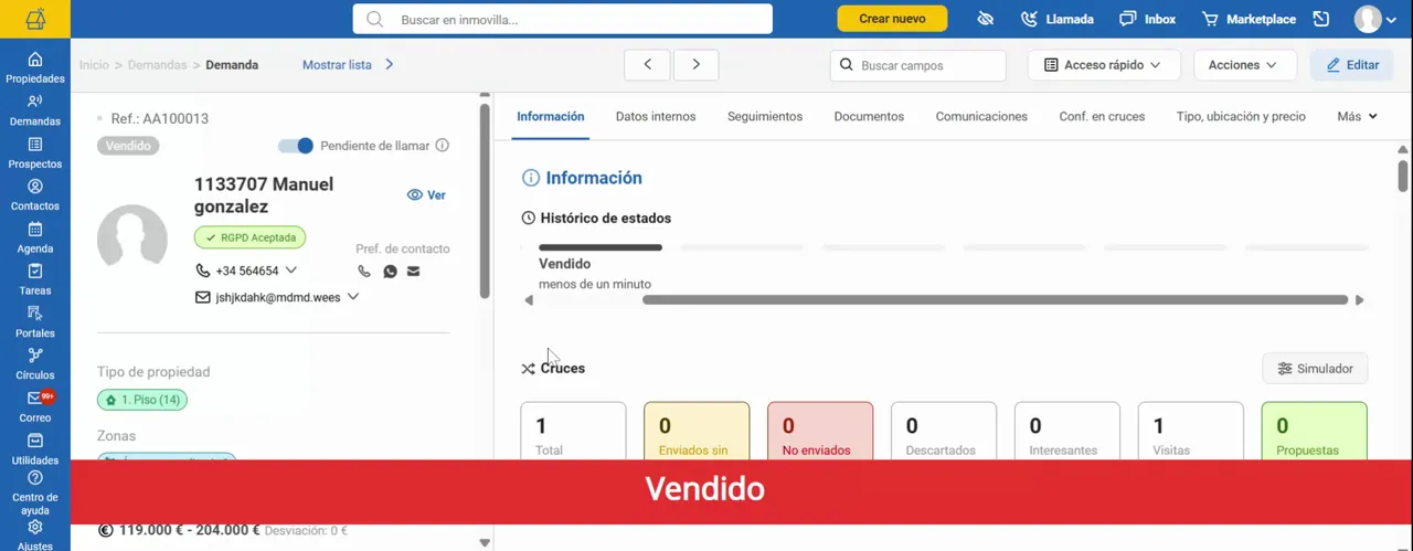 Ficha de demanda con histórico de estados y una banda roja que indica 'Vendido'.