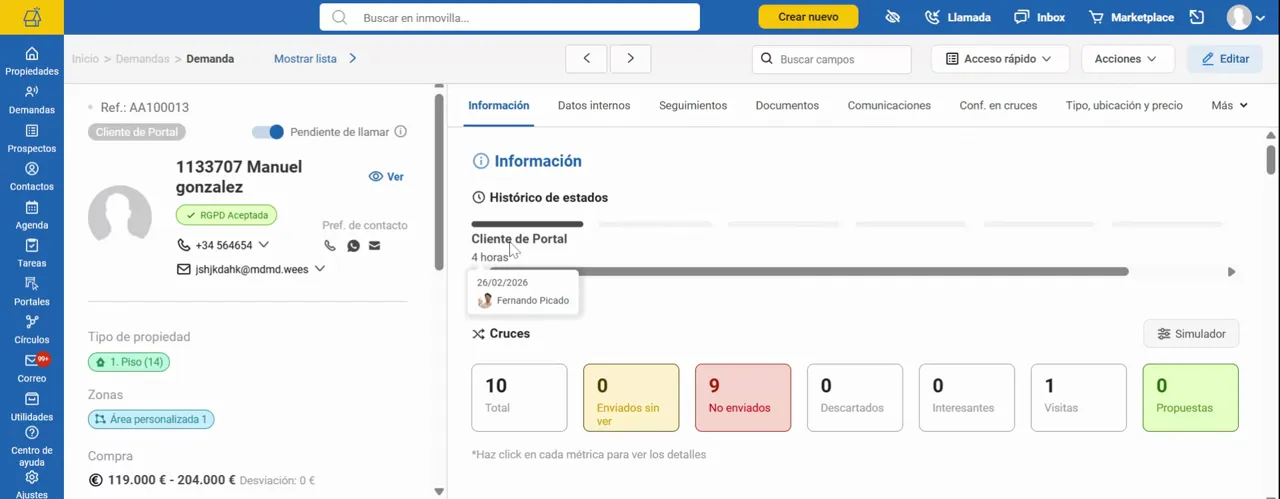 Histórico de estados mostrando 'Cliente de Portal' con tooltip de fecha y nombre del agente