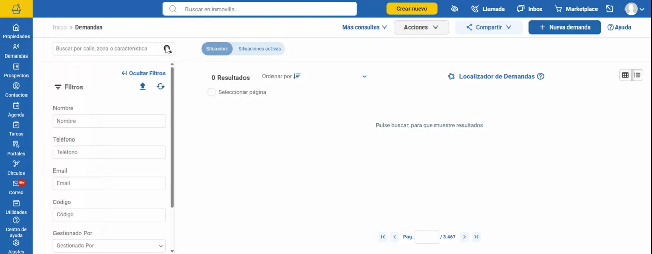 Campo de búsqueda con cursor y panel de filtros en el listado de demandas, listo para filtrar resultados.