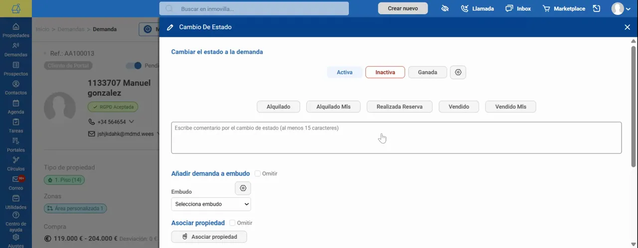 Diálogo 'Cambio de Estado' con selección de estado, campo de comentario y opciones de embudo/asociar propiedad.