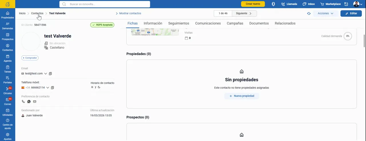 Sección Propiedades en la ficha de un contacto en Inmovilla mostrando “Sin propiedades” y el botón para “Nueva propiedad”