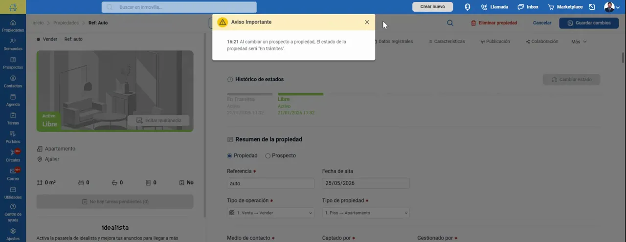 Inmovilla mostrando un aviso importante al cambiar un prospecto a propiedad