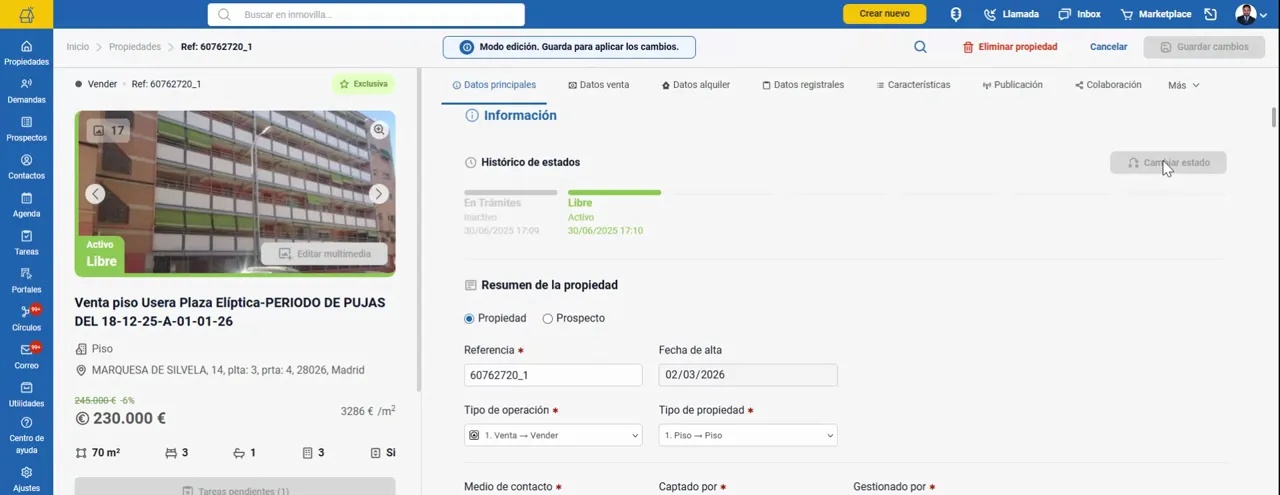 Vista en modo edición del apartado Información en una ficha de propiedad con histórico de estados y resumen
