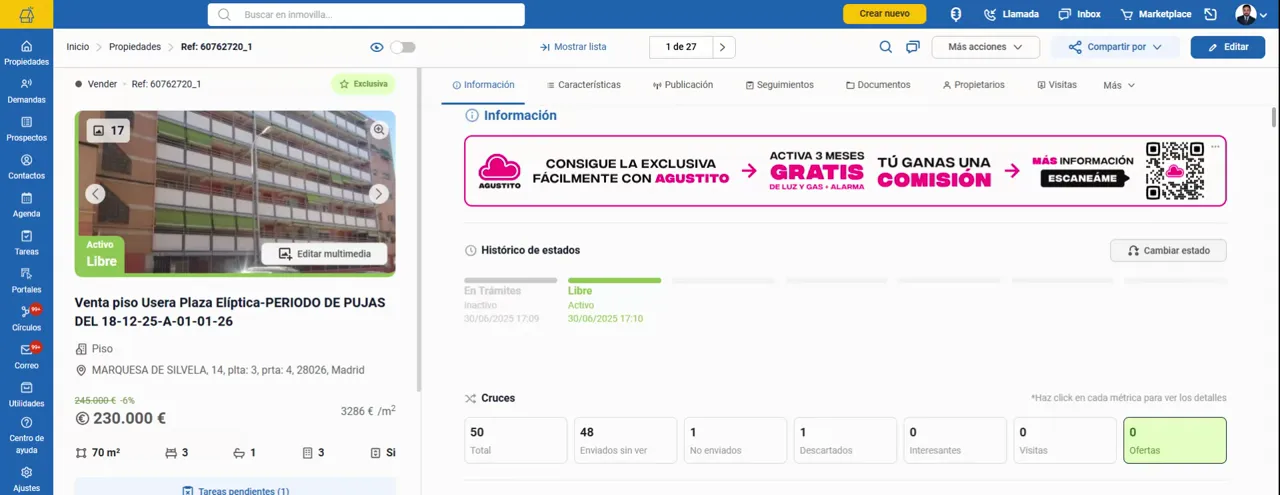 Ficha de propiedad con el apartado Información mostrando Histórico de estados y Cruces