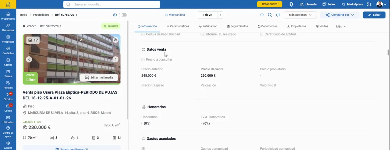 Pantalla de “Información” en ficha de propiedad con la sección “Datos venta” y el check “Precio a consultar”.