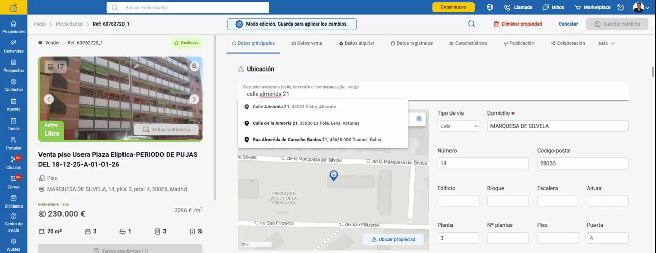 Bloque ubicación en ficha de propiedad con dirección y mapa para validación