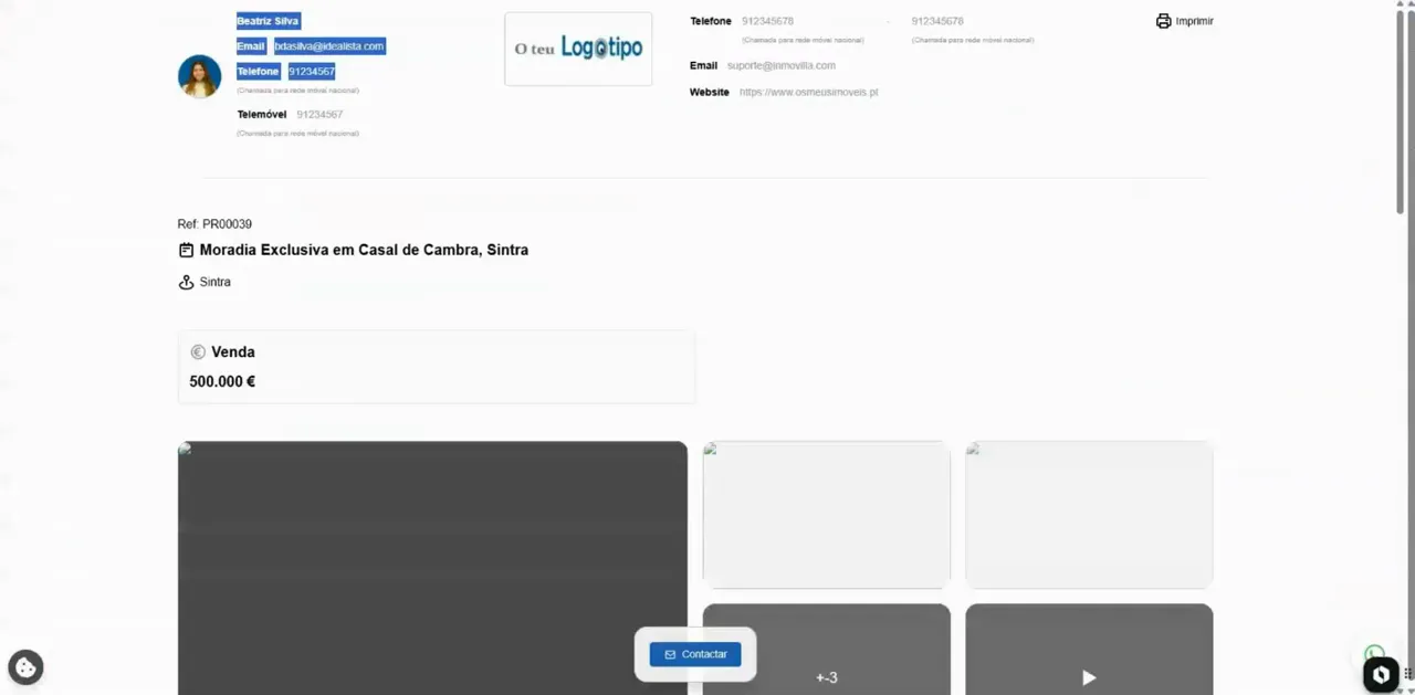 Página pública de imóvel com informações de contacto do consultor