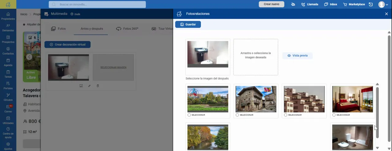 Pantalla de Inmovilla Fotosrelaciones con botón Guardar y selección de imágenes para la comparación