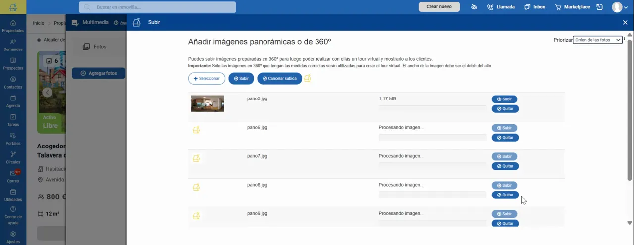 Subida de imágenes panorámicas 360° en la pestaña Fotos 360 de Inmovilla