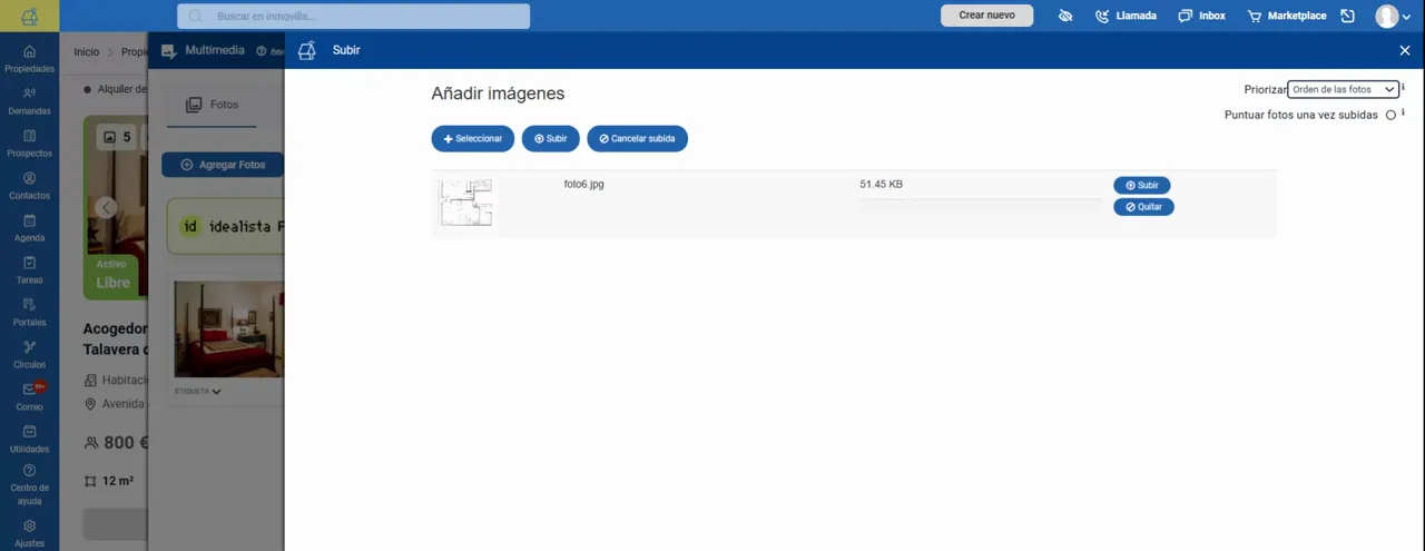 Inmovilla mostrando un archivo de imagen cargado en “Añadir imágenes” con botones de subir y quitar