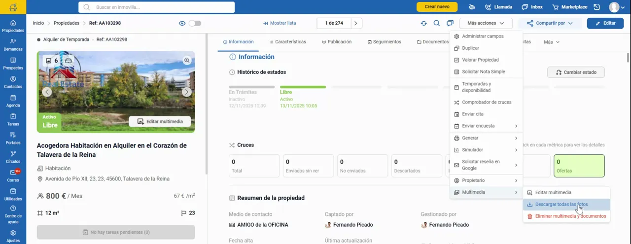 Menú de “Más acciones” con Multimedia seleccionado y opciones de descarga de contenido