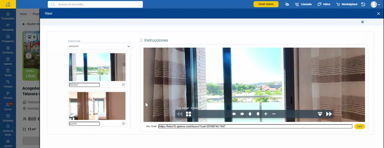 Tour virtual en Inmovilla mostrando visor y enlace del tour