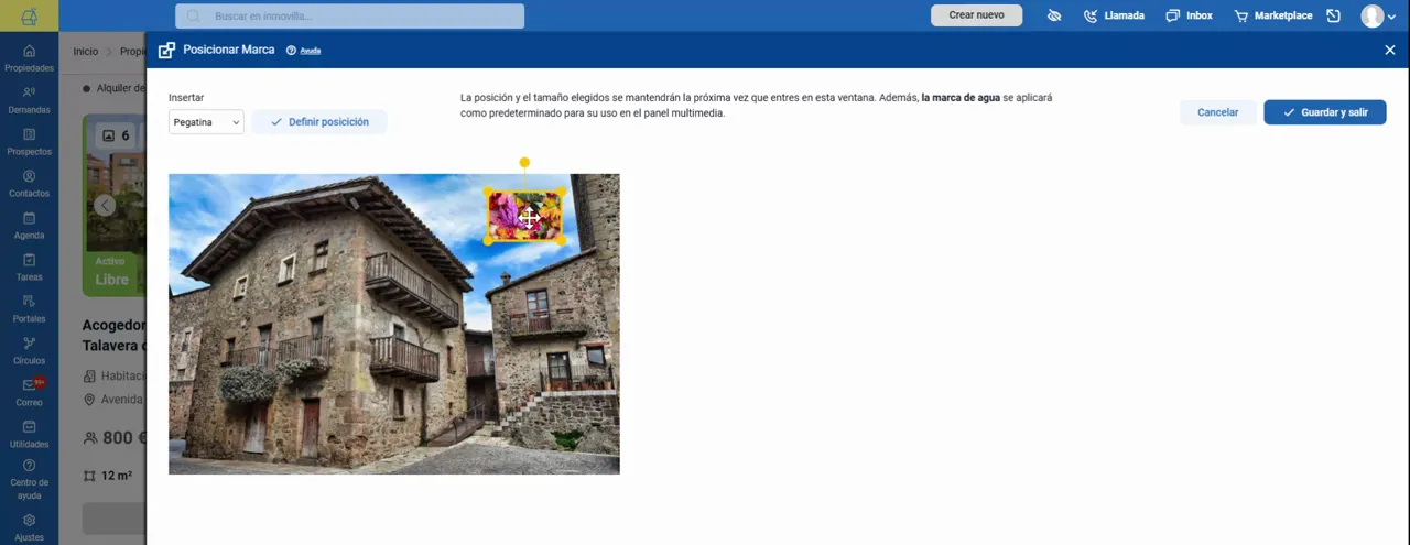 Marca de agua posicionada sobre la imagen de una propiedad en la herramienta de Inmovilla