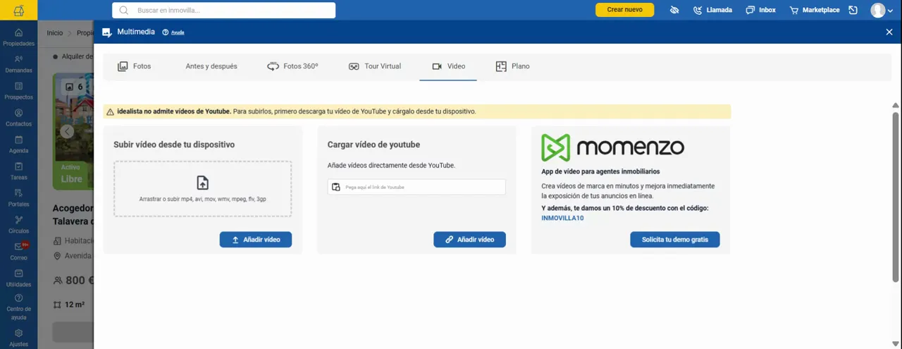 Pantalla completa de Vídeo en Inmovilla con subida desde dispositivo y carga por enlace de YouTube