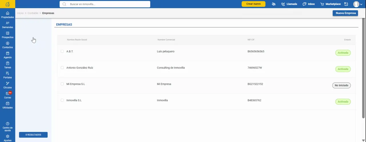 Listado de empresas en Inmovilla con botón para crear una nueva empresa y estado de activación