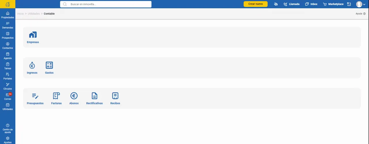 Panel contable en Inmovilla con secciones ingresos y gastos y documentos