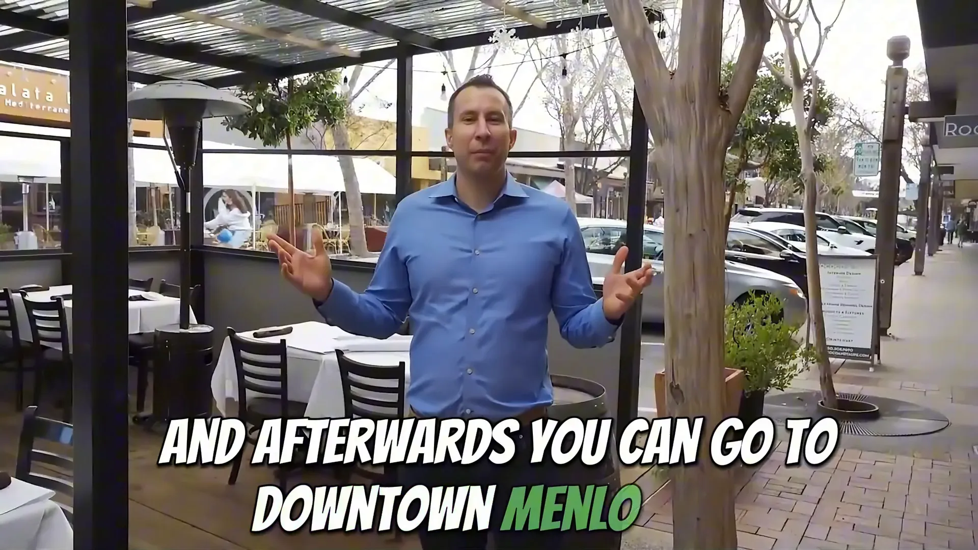 Downtown Menlo Park street view with shops and restaurants