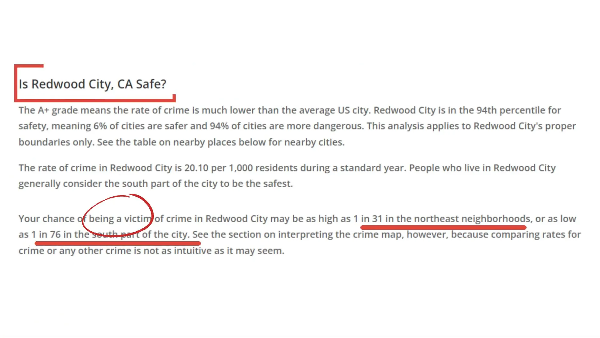 Victim probability statistics in Redwood City