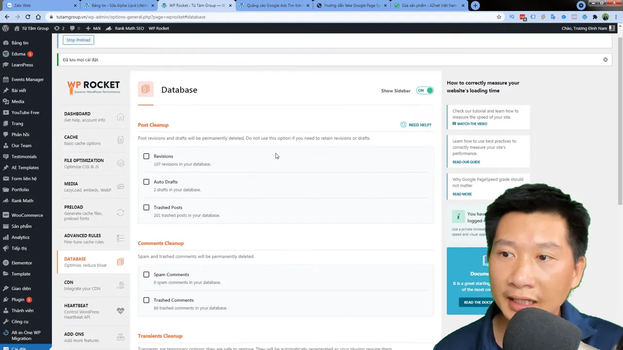 Giao diện Database trong WP Rocket hiển thị các nhóm dữ liệu cần dọn dẹp