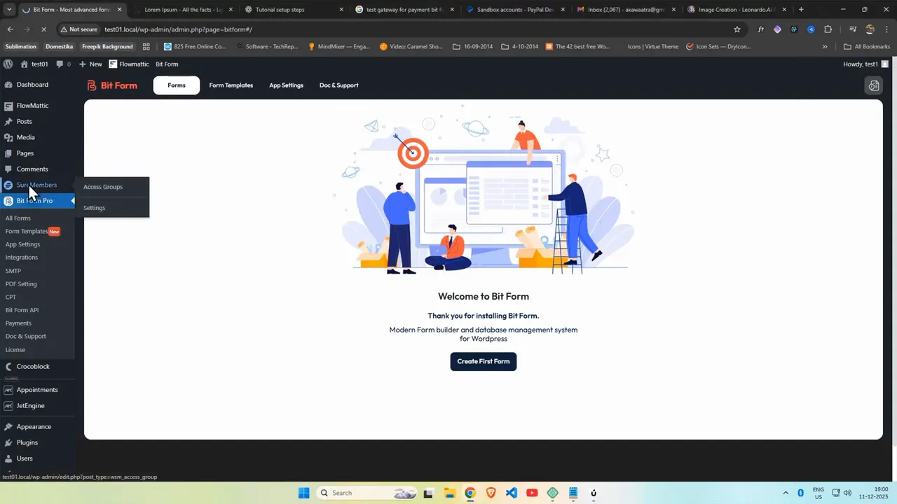 BitForm welcome screen in WordPress admin with a 'Create First Form' button and SureMembers visible in the sidebar.