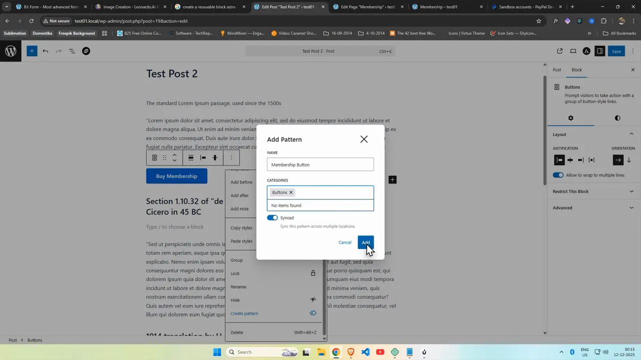 Add Pattern modal in WordPress with 'Membership Button' named and the Add button being clicked to save the reusable CTA pattern.