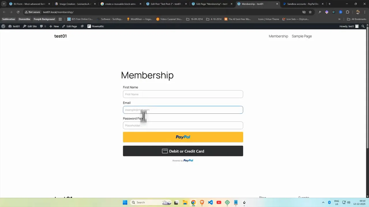 Front-end membership page showing BitForm with First Name, Email, Password fields and PayPal/Debit buttons