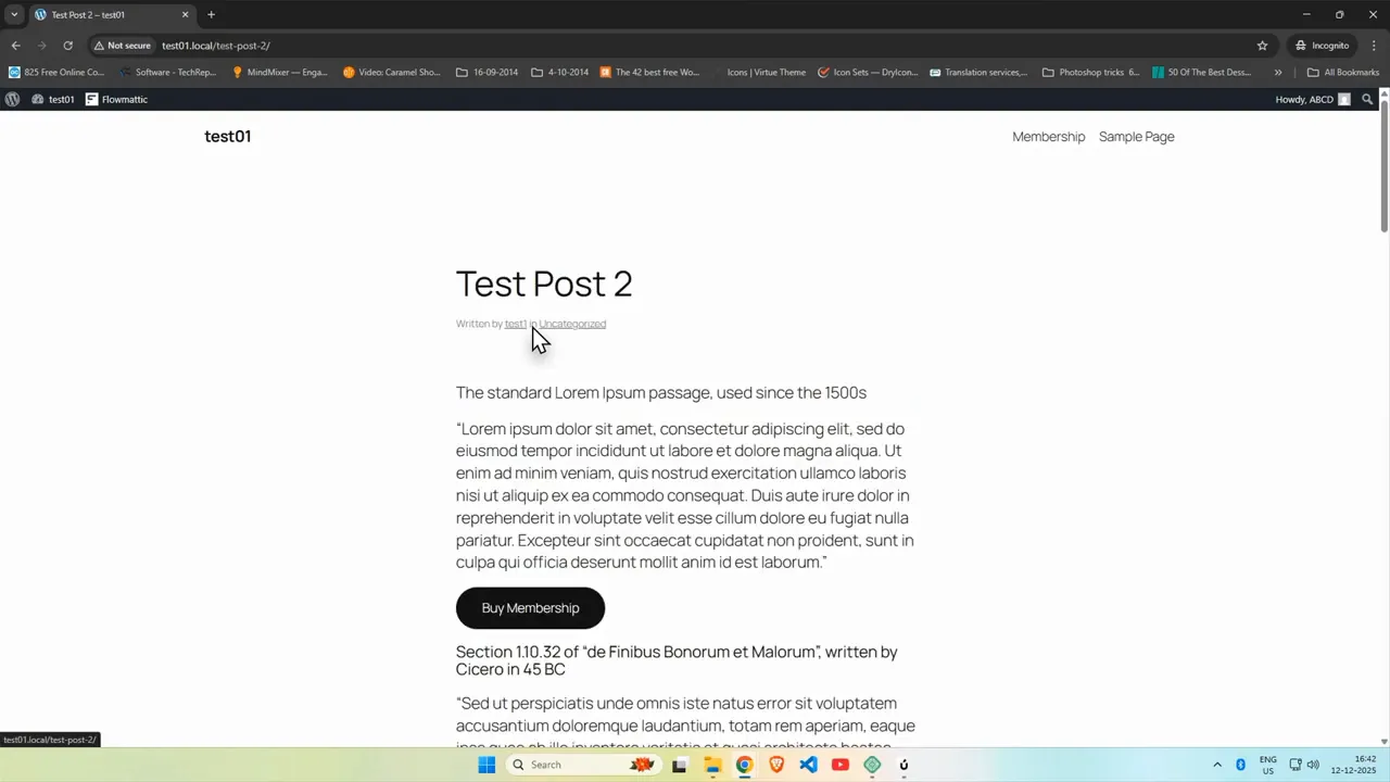Front-end preview of 'Test Post 2' showing the post title, content, and a prominent 'Buy Membership' button.