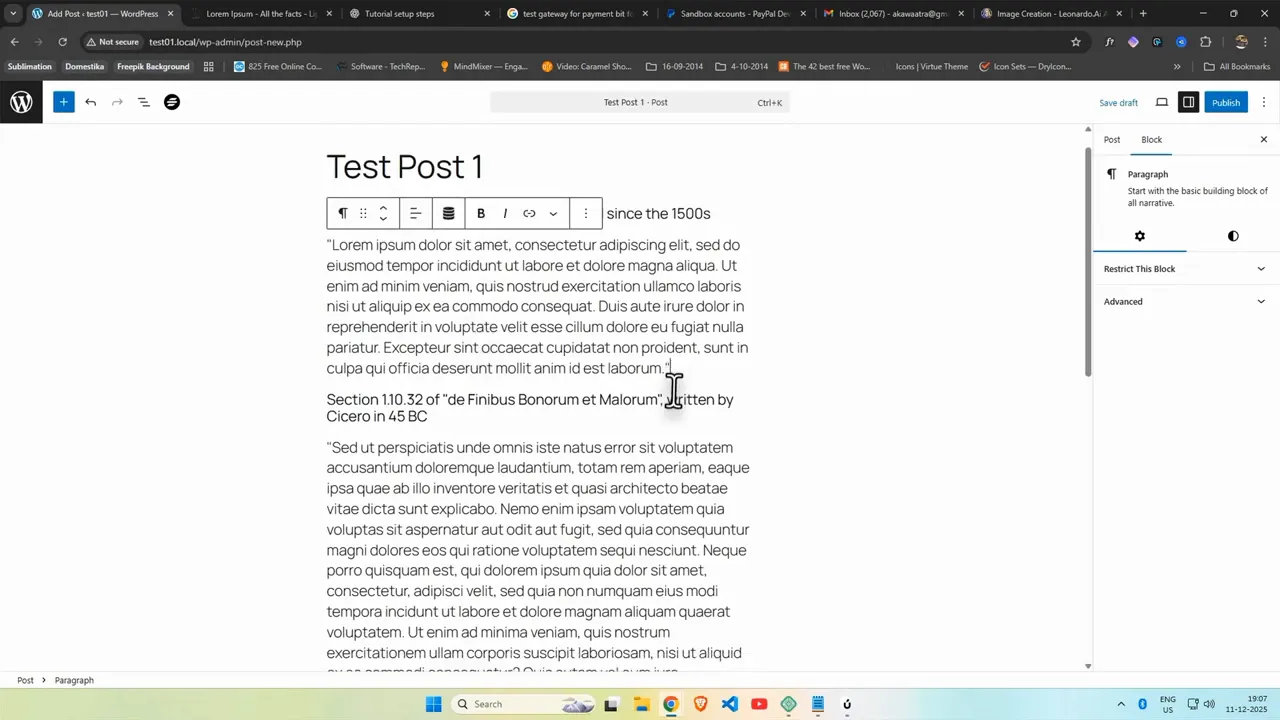 WordPress block editor showing a post with paragraph text and the 'Restrict This Block' option in the sidebar
